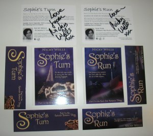 SWAG PACK: 2 Sophie's Run bookmarks; 2 Sophie's Turn bookmarks; 2 Sophie's Run postcards (1 signed); 2 Sophie's Turn postcards (1 signed)