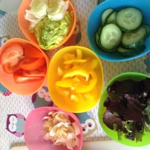 Our salad buffet. The rule is: everyone has to eat something out of every bowl except one. Salad dressings are available but optional... each to their own!