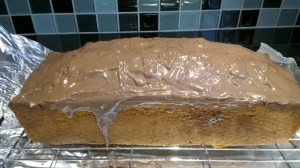 One finished cake. If I'd had more chocolate, I'd have covered it completely, but this will do.